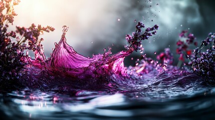 Poster - Vibrant cascade of purple-red waves splashing through water nature scene abstract art calm environment close-up view