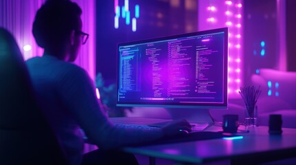 Person intensely coding late at night. Vibrant purple lighting enhances the digital atmosphere.