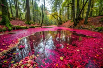 Wall Mural - A pool of colorful fuschia goo on a forest floor, greenery, fuschia, leaves, nature