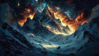 Wall Mural - ethereal visuals of snow-capped mountains in a cosmic setting.