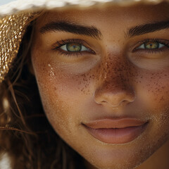 beautiful woman enjoying a sunny day at the beach with a sun hat, showcasing her natural beauty and 
