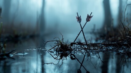 Aufkleber - A quivering arrow of void piercing through the mist of nature reflection landscape mysterious environment