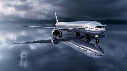 Fototapete - Silver plane reflects on calm waters scenic location photography serene environment aerial view travel concept