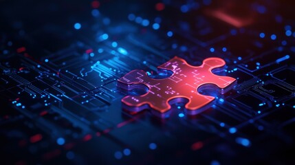 Digital Puzzle Piece on Circuit Board: Technology Solution Concept