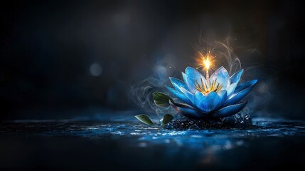 Aufkleber - A stunning spark of deep azure blue lotus flower tranquil water setting fantasy art dreamy atmosphere close-up perspective