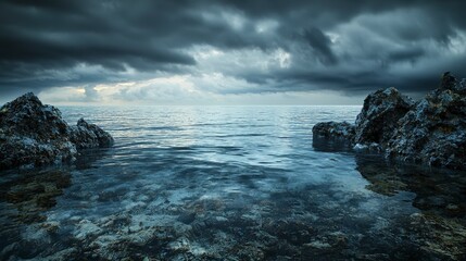 Wall Mural - mysterious oceanic landscape coastal serenity nature photography dark skies wide angle tranquility i