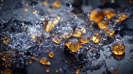 Poster - Amber droplets splash in a dark environment nature photography macro view capturing liquid beauty
