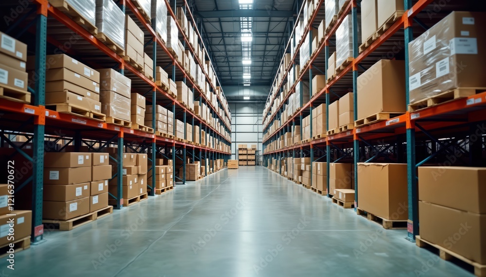 Large warehouse filled with many cardboard boxes. Pallets hold numerous products. Efficient storage, organized layout showcase great supply chain management. Modern facility shows high level of