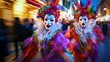 © Andrew - Venetian Carnival Masks: Two vibrant figures in elaborate, colorful Venetian carnival masks glide through a bustling street scene, their costumes a kaleidoscope of purples, reds, and whites.
