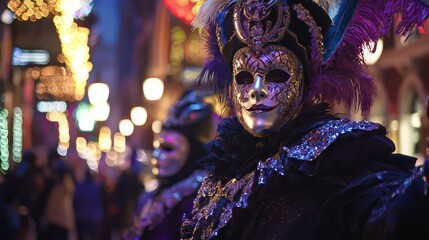 Masked Revelry:  A mysterious figure adorned in a dazzling, silver and purple Venetian mask stands under the twinkling lights of a festive evening, captivating all who gaze upon their enigmatic charm.