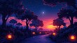 © Pattarin - Flat design depicts a calming evening walk through a nature trail under glowing lanterns