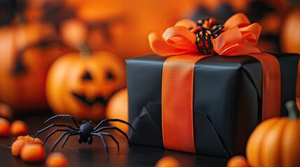 Wall Mural - Halloween presents wrapped in black paper with orange bows, accompanied by spider and pumpkin decorations on an orange background