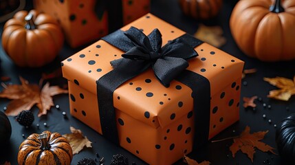 Wall Mural - Halloween presents wrapped in orange paper with black bows, surrounded by small pumpkins and spooky decorations on a black background