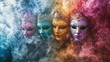 © Andrew - Masquerade of Mystery: Four elegant Venetian masks, each with its own unique design and color, emerge from a swirling cloud of vibrant smoke.