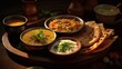 © Katsiaryna - Delicious Indian meal featuring lentil curry, naan bread, and yogurt on a wooden platter in warm lighting