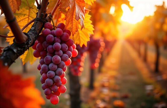 Autumn vineyard scene. Close up on cluster of ripe purple grapes hanging from vine. Warm sunset light shines through colorful autumn leaves. Organic farming, winemaking concept. Vineyard path leading