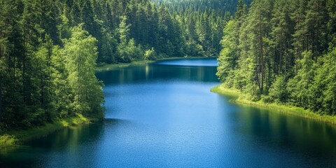 Wall Mural - Serene winding river flowing through lush green forest.