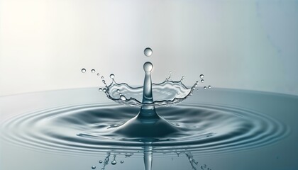 Poster - Clear water drop creates splash. Water drop impact shows ripples. Liquid form creates beautiful abstract patterns. Water droplet falling shows nature beauty. Clean water perfect element. Science in