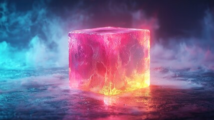 Wall Mural - Glowing cube with red and yellow hues, surrounded by smoke on a textured surface.