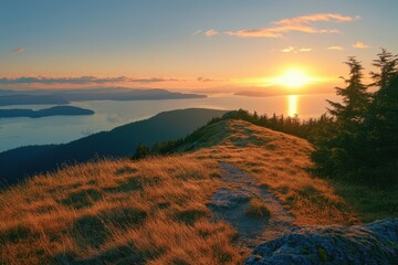 Wall Mural - Sunset hike coastal mountain peak trail ocean islands