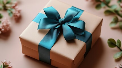 Wall Mural - Happy Fathers Day concept Above overhead close-up view photo of one single present box with a bright color blue ribbon isolated on a pastel tone background