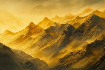 Wall Mural - golden light illuminates mountain peaks under a cloudy sky with a large planet in the distance