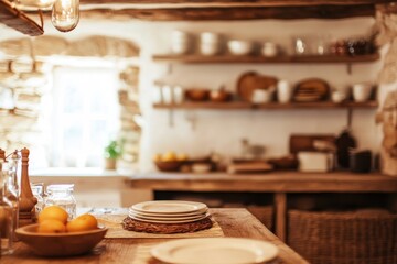 Wall Mural - Rustic kitchen, stacked plates, stone wall, sunlight, pantry