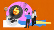 © master1305 - Team observing large gear with dollar sign, representing financial strategy and teamwork in corporate growth. Conceptual art collage. Concept of teamwork, collaboration, achievement, economy