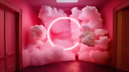 Wall Mural - Pink Room Neon Circle Cloud Dreamy Surreal Art