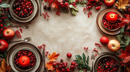 Wall Mural - Thanksgiving dinner with retro dishes, cutlery, and autumn decorations on a beige tablecloth, ready for text