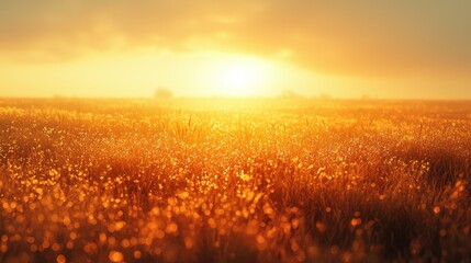 golden sunrise over a vast meadow filled with dew-covered grass and wildflowers