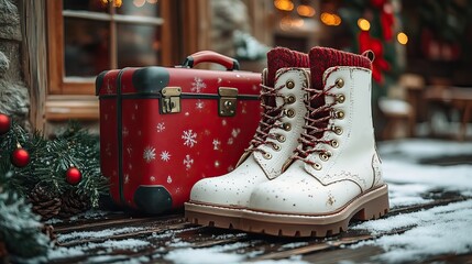 Wall Mural - White boots and a red suitcase on a festive green backdrop, ready for a winter holiday adventure