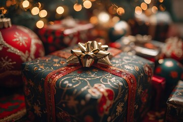 Wall Mural - christmas gift with golden bow is lying under christmas tree with blurred lights