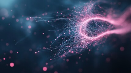 Abstract neural network with pink and blue geometric connections and light particles