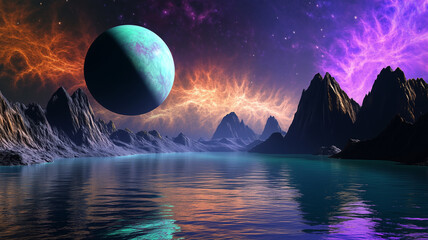 Alien planet fantasy landscape space background. Sci-fi horizontal poster. Science fiction digital raster bitmap illustration. Horizontal format wallpaper.	