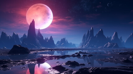 Alien planet fantasy landscape space background. Sci-fi horizontal poster. Science fiction digital raster bitmap illustration. Horizontal format wallpaper.	