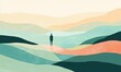 © Vergiliy - Abstract landscape with solitary figure standing on colorful hills, serene atmosphere, soft pastel colors, gentle curves, tranquil scene