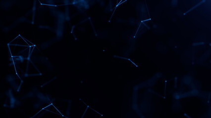 Abstract glowing minimalistic lines and dots technology background. Blue digital bokeh polygonal connection on dark fantasy backdrop. Particles structure levitating in space.