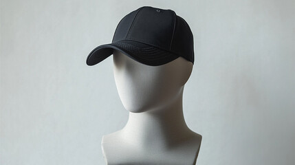 Wall Mural - Mock up blank black hat baseball on mannequin head, white background.