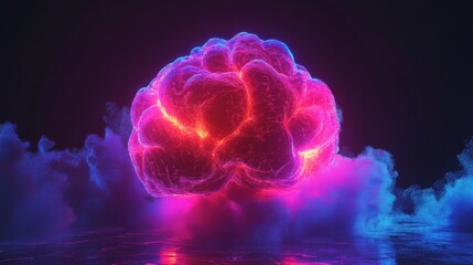 Wall Mural - futuristic 3d render of a neon-colored brain with glowing neural connections on a dark black backgro