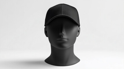 Wall Mural - Mock up blank black hat baseball on mannequin head, white background.