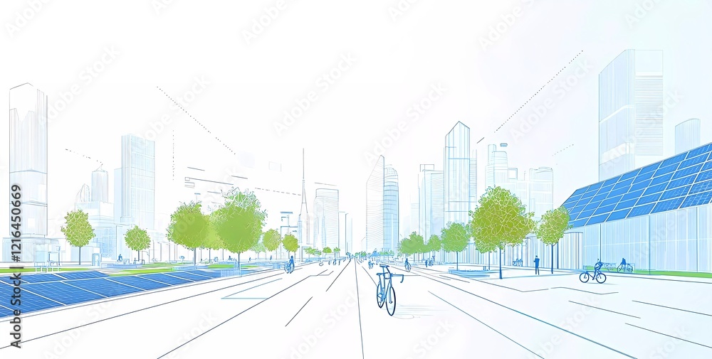 line art vector illustration of smart city with solar panels, trees and ...