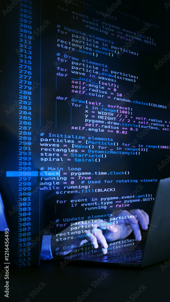 Fictional code overlay on desktop screen in virtual environment ...
