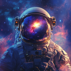 Wall Mural - astronaut in space suit with colorful nebula and galaxy reflecting on helmet visor. front view astro