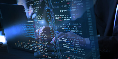 professional pointing towards virtual screen displaying live fictional code and analytical graphs, s