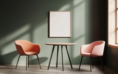 Wall Mural - Modern interior design, a mockup poster frame on the wall in a living room with a table and chairs, a pastel pink sofa, a minimalistic style, soft colors, wooden elements