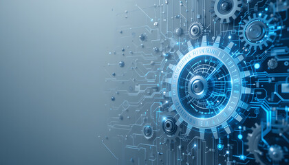 Futuristic gears and cogs in a light gray and blue digital concept background with technology themes
