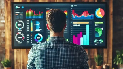 Wall Mural - young entrepreneur standing in front of a digital marketing analytics dashboard, strategizing ways t