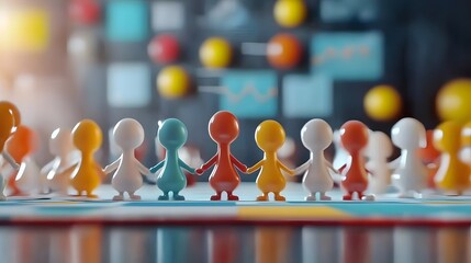 Leinwandbilder - 3D of Cartoon Characters Gathered Around a Table Brainstorming Innovative Business Strategies with Charts and Diagrams in the Background