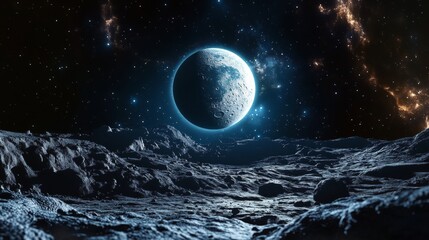 Wall Mural - blue planet from a celestial body, space exploration, extraterrestrial world, galactic view